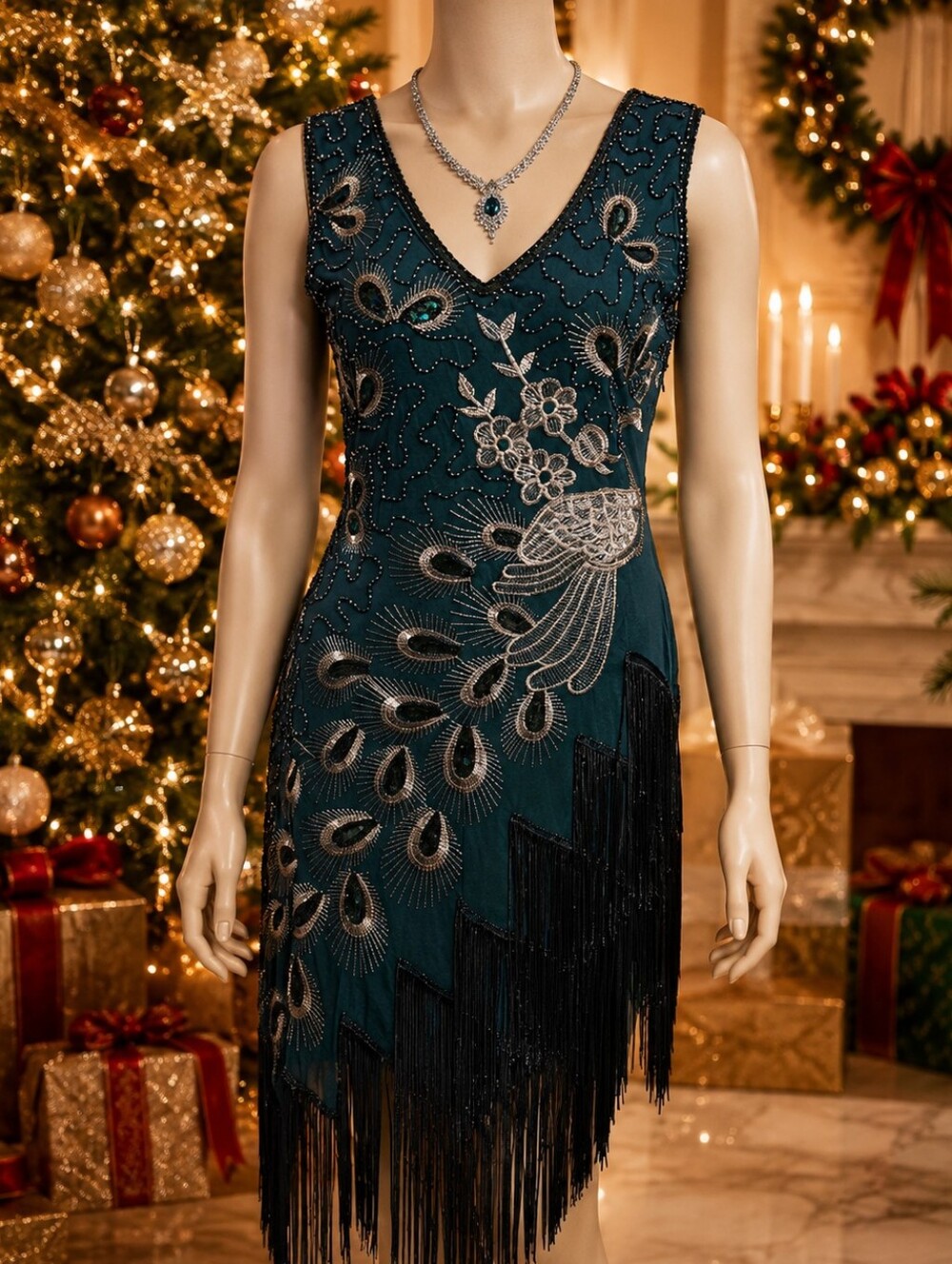 Lux Green Embellished Peacock Fringe Dress